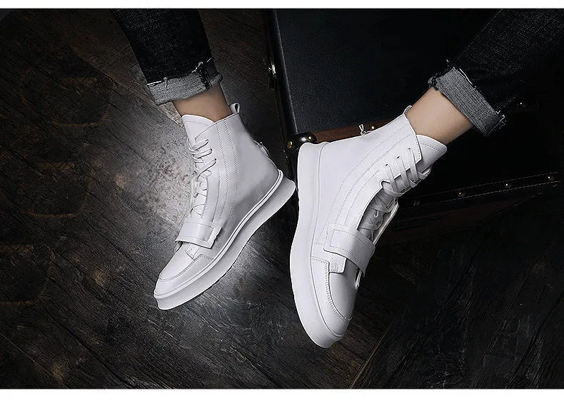 PU leather men's winter ankle boots in black and white high-top sneaker style