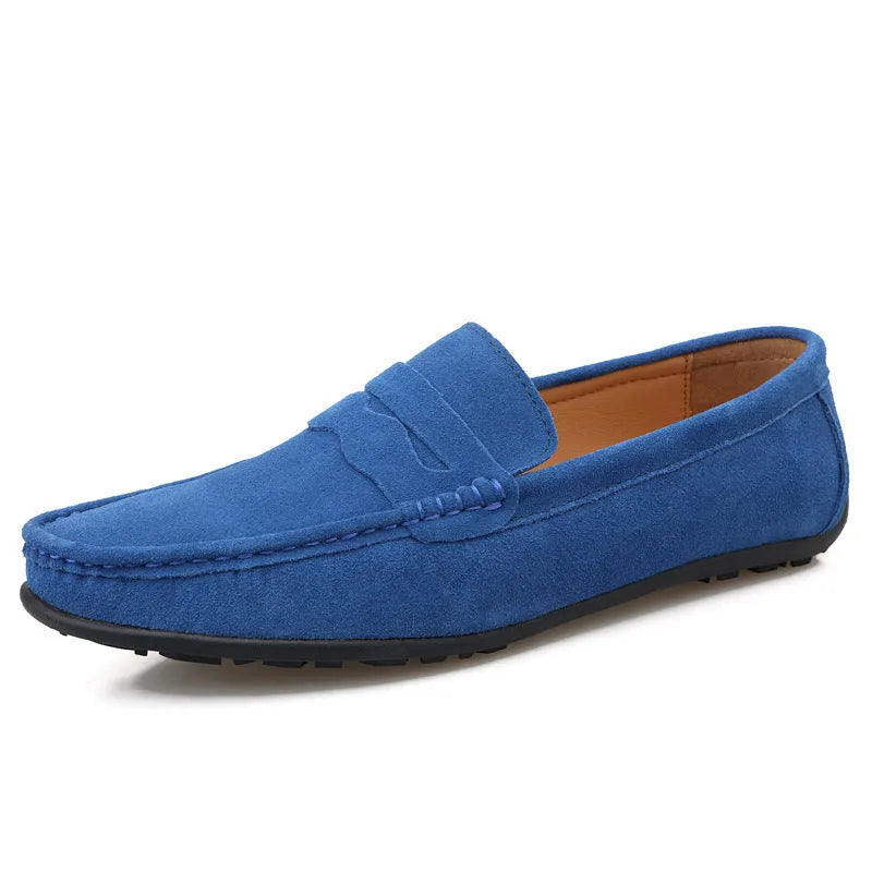 Men's solid-colour suede slip-on loafers with round toe and rubber sole