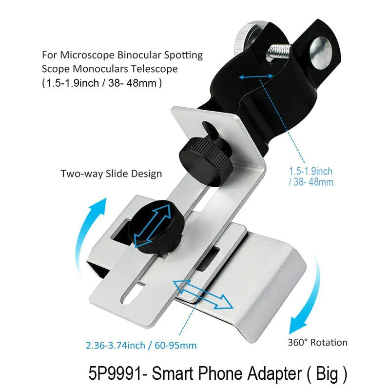 Black and silver smart phone adapter with adjustable metal frame and rubber clip for phones 60-95 mm wide