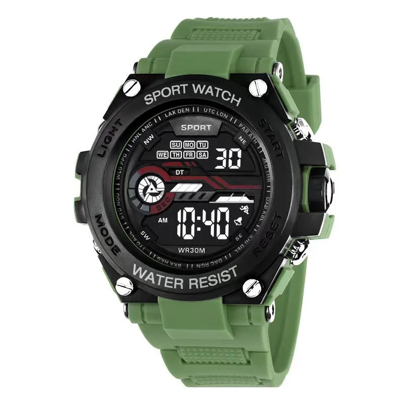 Digital electronic watch for teenagers and students showing LED display and colour options