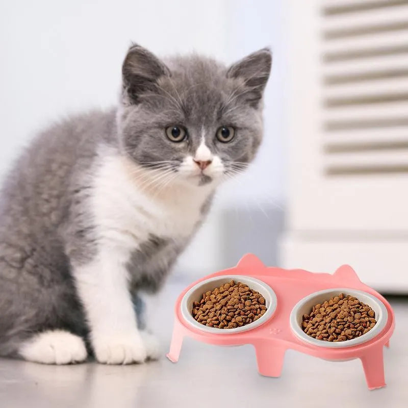 Ceramic cat food and water bowl set on elevated tilted stand with hook design in blue colour