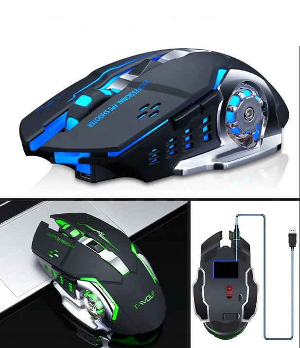 Wireless charging mouse with mute click buttons in black or white colour options