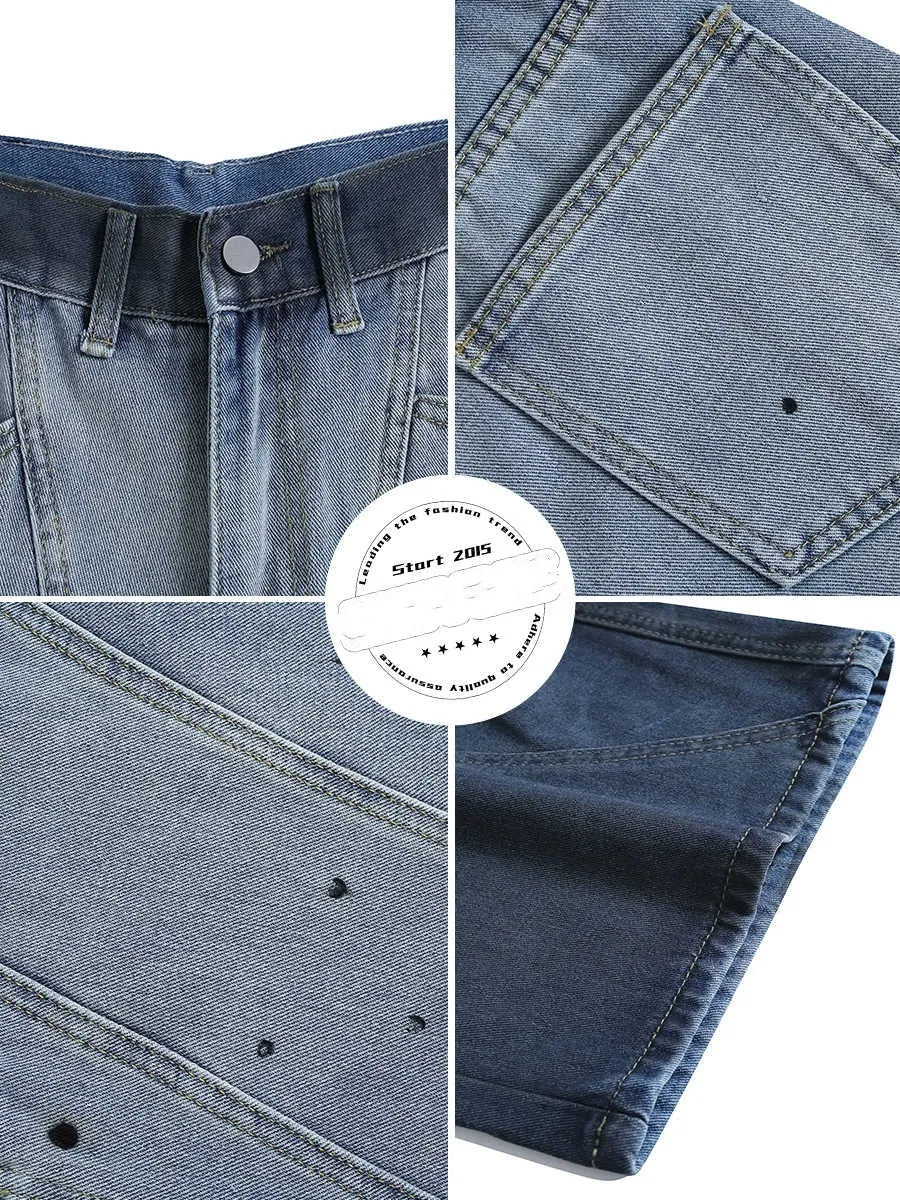 Blue tie-dye gradient washed cropped jeans with loose fit and mid waist