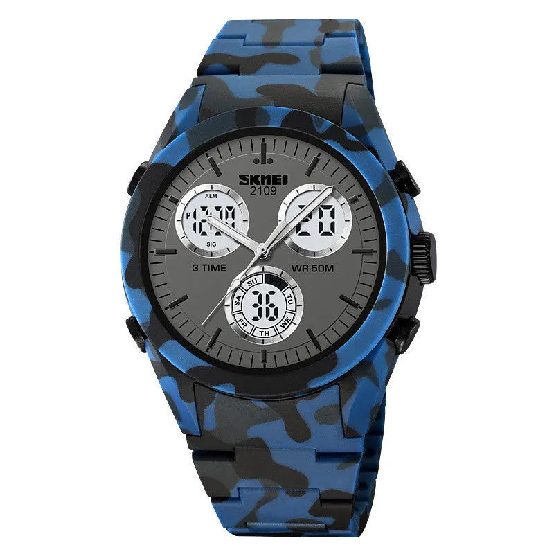 Electronic casual watch with a resin mirror and TPU strap, shown in Army Green camouflage colour.
