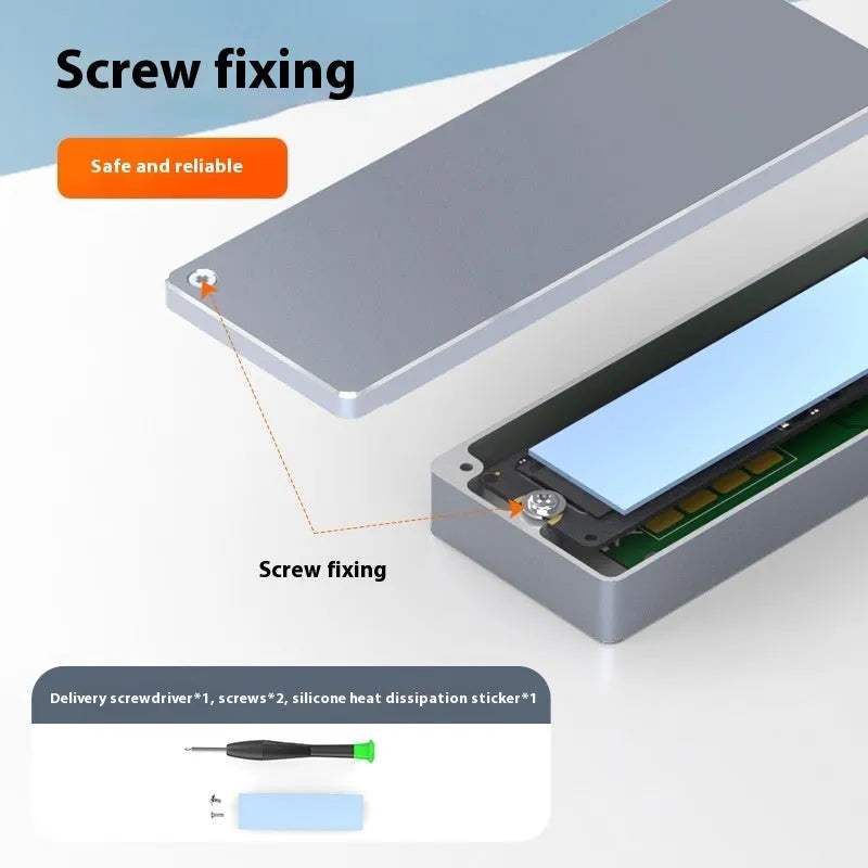 Aluminium M.2 SSD enclosure with installation tools including screwdriver, screws and heat pad