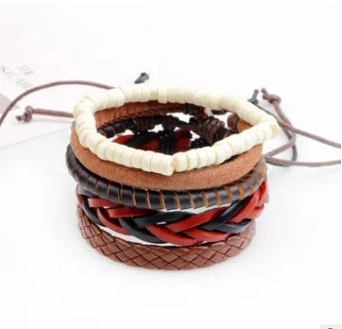 Adjustable leather punk wrap bracelet with wooden beads and multilayer design