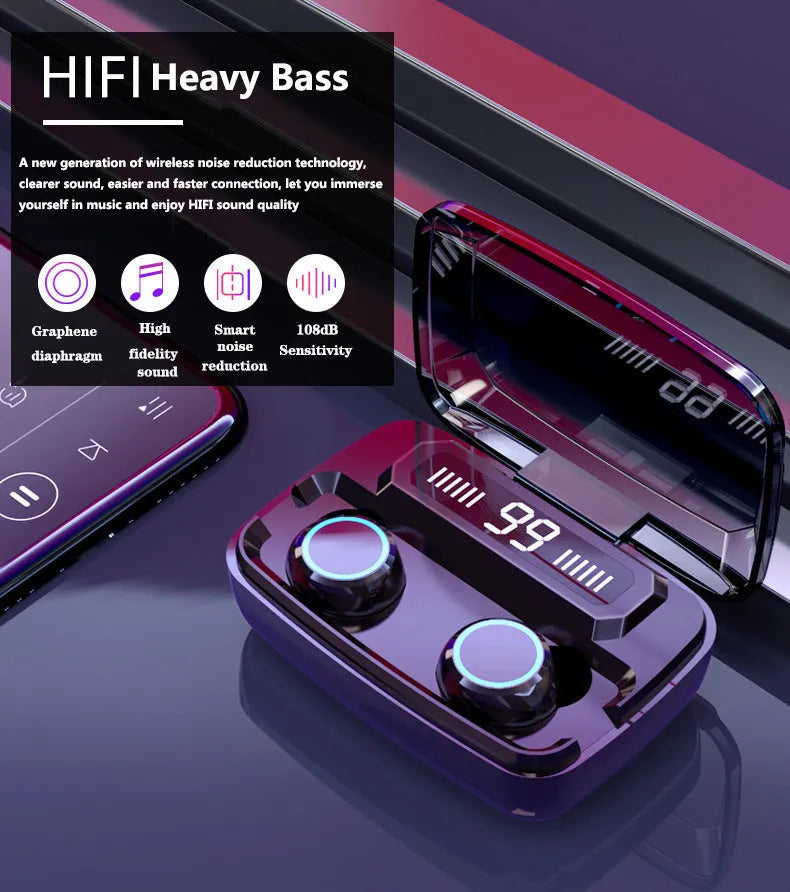 Black M11 Bluetooth wireless headset with digital display and charging case