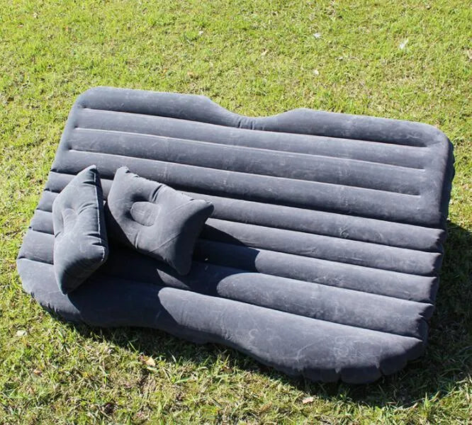 Thick flocking inflatable car air bed set with pump and pillows for five-seater vehicles.