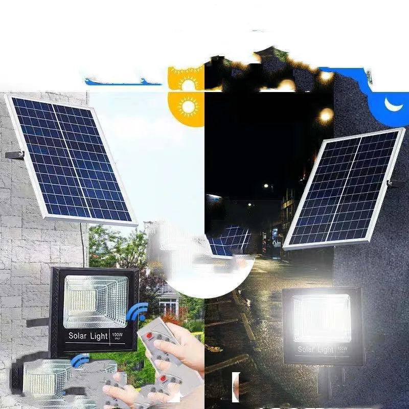 Black solar LED flood light with multiple wattage options and remote control for outdoor garden use