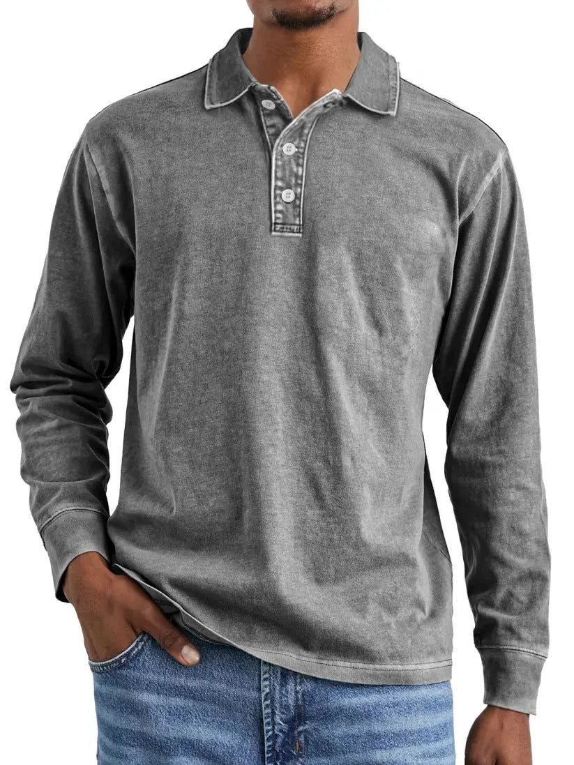 Men's retro washed distressed cotton lapel long sleeve polo shirt shown in army green.