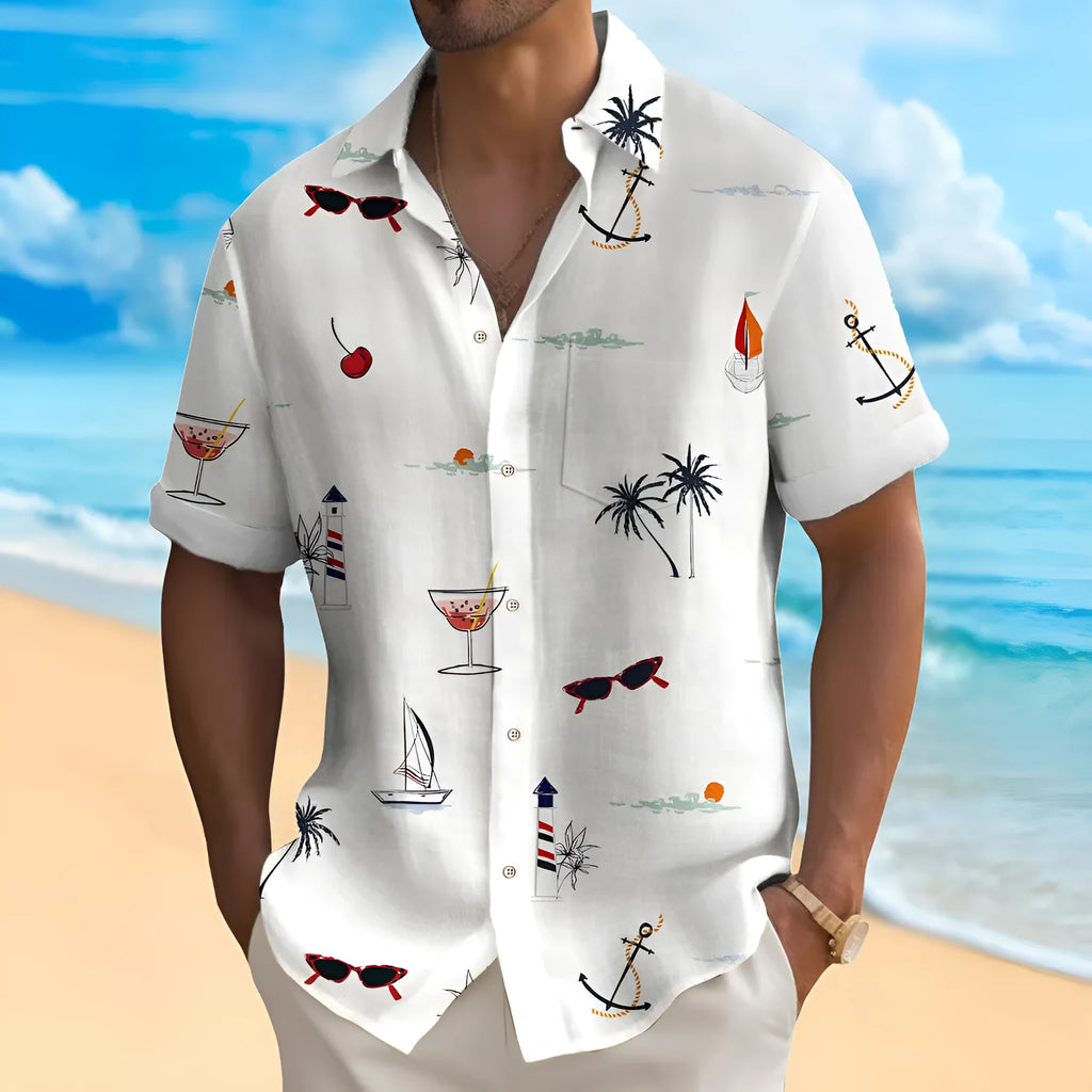 Men's loose fit Hawaiian shirt with digital printed pattern, short sleeves, available in multiple colours