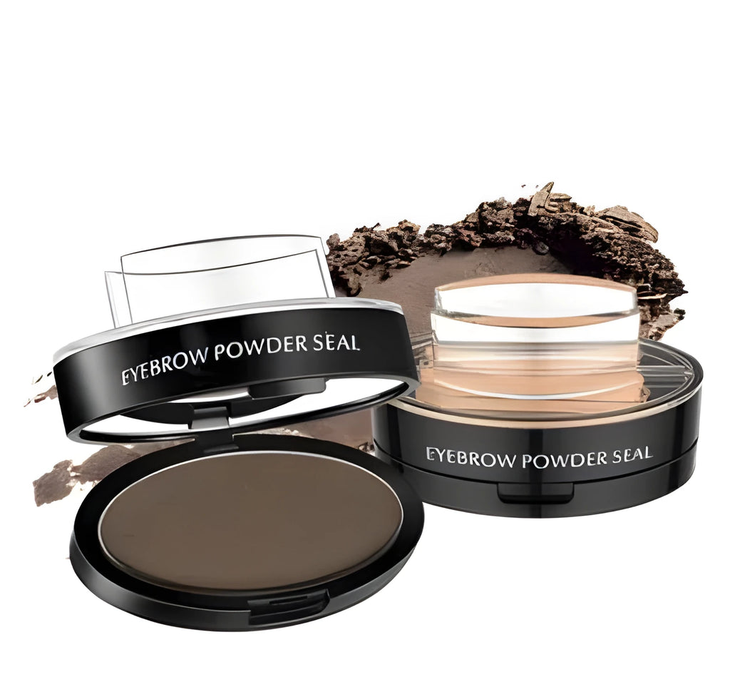 Eyebrow powder stamp with dual powders and reusable stencils in dark brown and light brown shades.