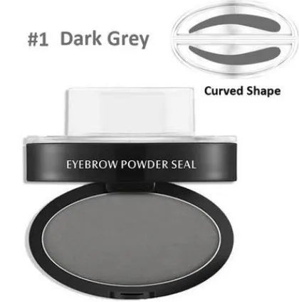 Eyebrow powder stamp with dual powders and reusable stencils in dark brown and light brown shades.