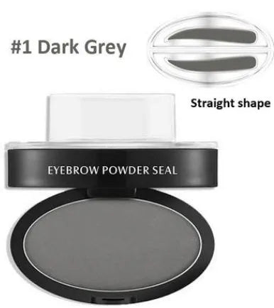 Eyebrow powder stamp with dual powders and reusable stencils in dark brown and light brown shades.