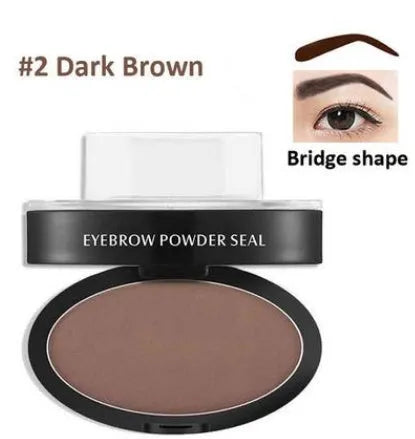 Eyebrow powder stamp with dual powders and reusable stencils in dark brown and light brown shades.