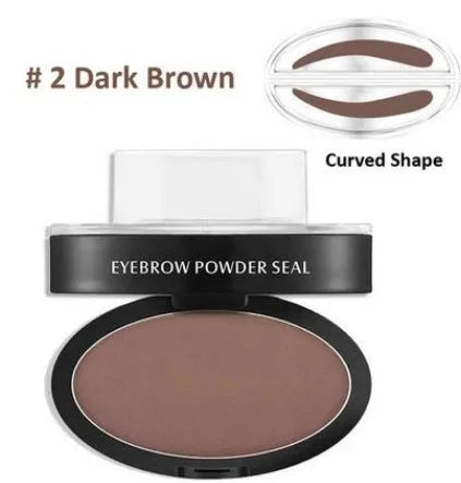 Eyebrow powder stamp with dual powders and reusable stencils in dark brown and light brown shades.