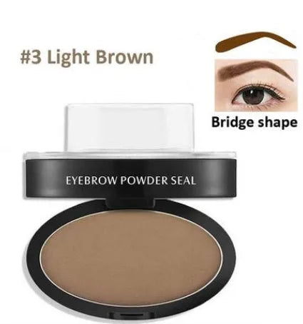 Eyebrow powder stamp with dual powders and reusable stencils in dark brown and light brown shades.