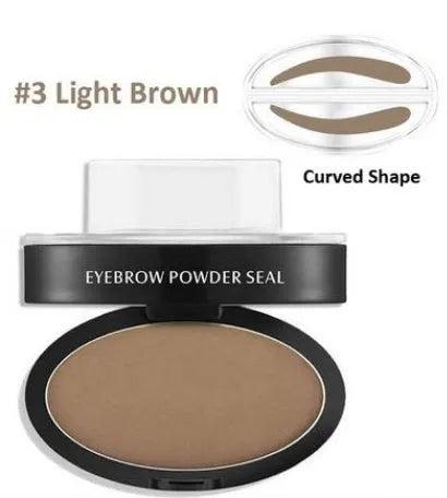 Eyebrow powder stamp with dual powders and reusable stencils in dark brown and light brown shades.
