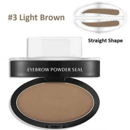 Eyebrow powder stamp with dual powders and reusable stencils in dark brown and light brown shades.