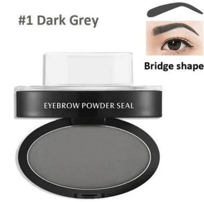 Eyebrow powder stamp with dual powders and reusable stencils in dark brown and light brown shades.