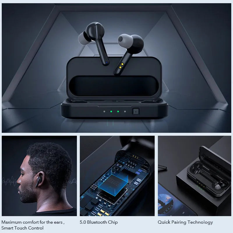 Black and white true wireless stereo earbuds with in-ear design and Bluetooth 5.0.
