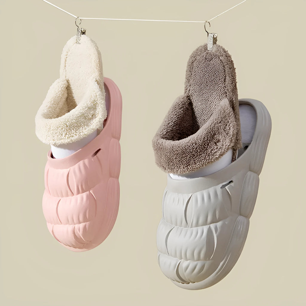 Removable fluffy slippers with EVA upper, non-slip plastic sole, and Velcro fastening in beige