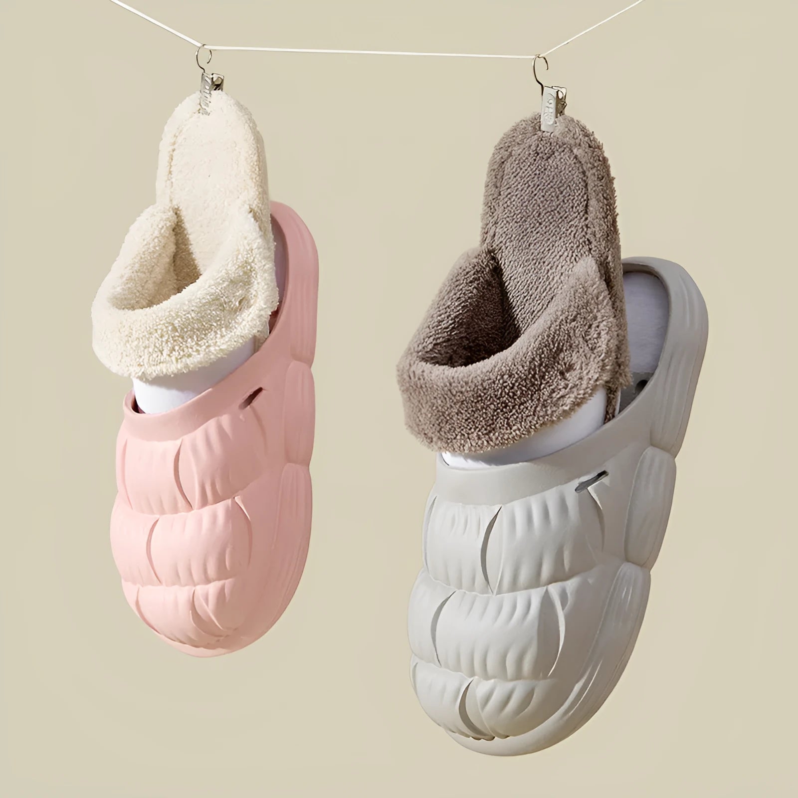 Removable fluffy slippers with EVA upper, non-slip plastic sole, and Velcro fastening in beige