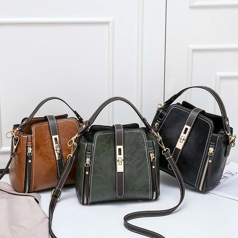 Faux leather women shoulder bag in green with detachable adjustable strap and turn-lock closure