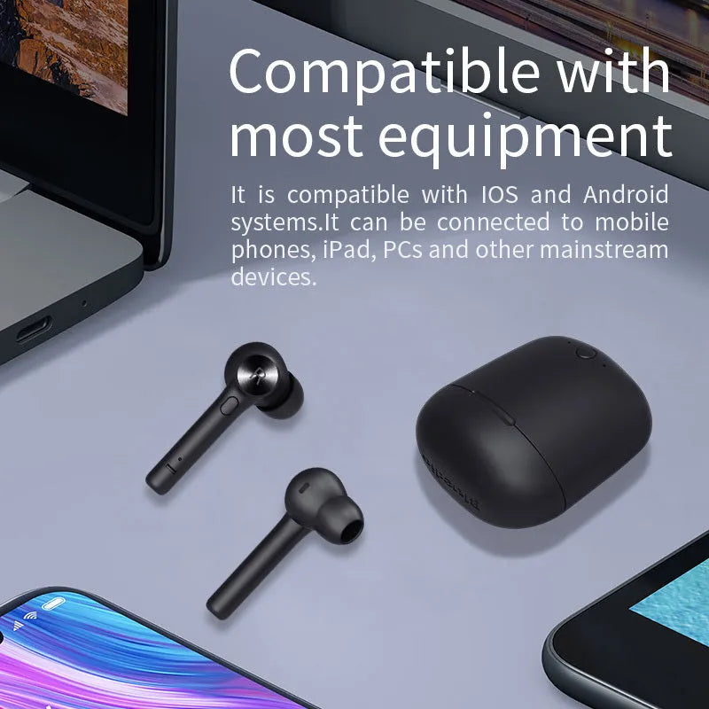 TWS Bluetooth headset in black charging case and earbuds, compact 60 x 67.5mm design with 1000-hour standby