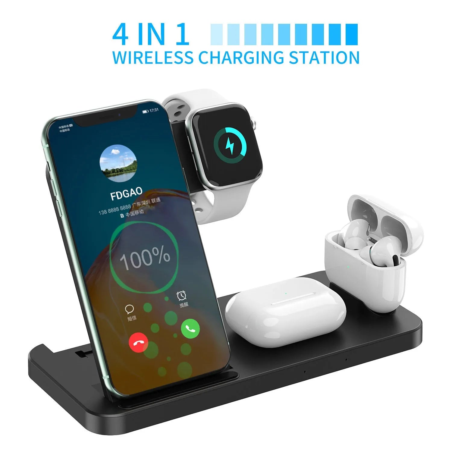 Fdgao 15W 4 In 1 desktop wireless charger in black with dual coils, charging a phone, Apple Watch, and Airpods