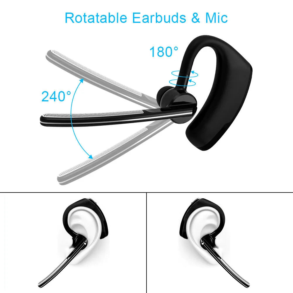 V9 Jerry black wireless Bluetooth headset with earbud and microphone for hands-free calls on smartphones.