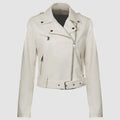 Women's red PU leather biker jacket with lapel collar and removable waist belt on a hanger.