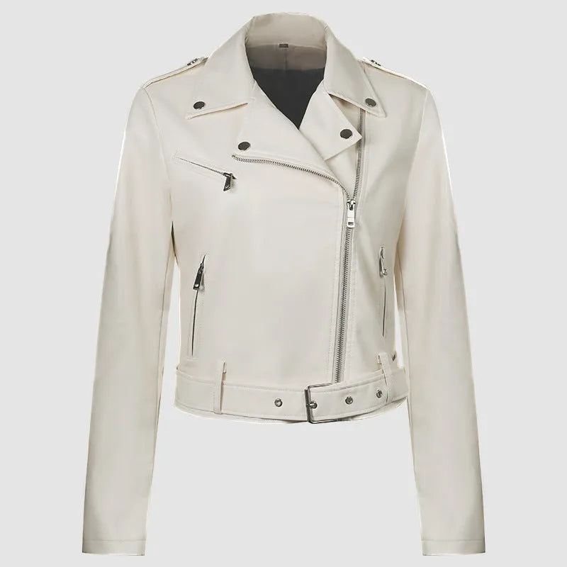 Women's red PU leather biker jacket with lapel collar and removable waist belt on a hanger.