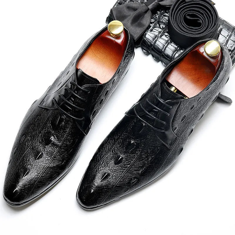First layer cowhide plus size men leather tooling shoes pointed toe low square heel black