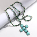 Glass and stone square cross pendant necklace with knotted chain in blue, 81cm long