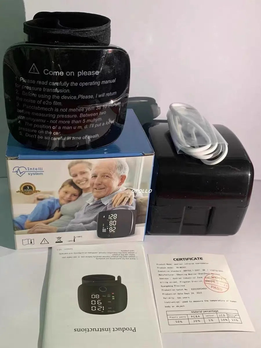 Black wrist rechargeable blood pressure monitor with USB port and digital display.