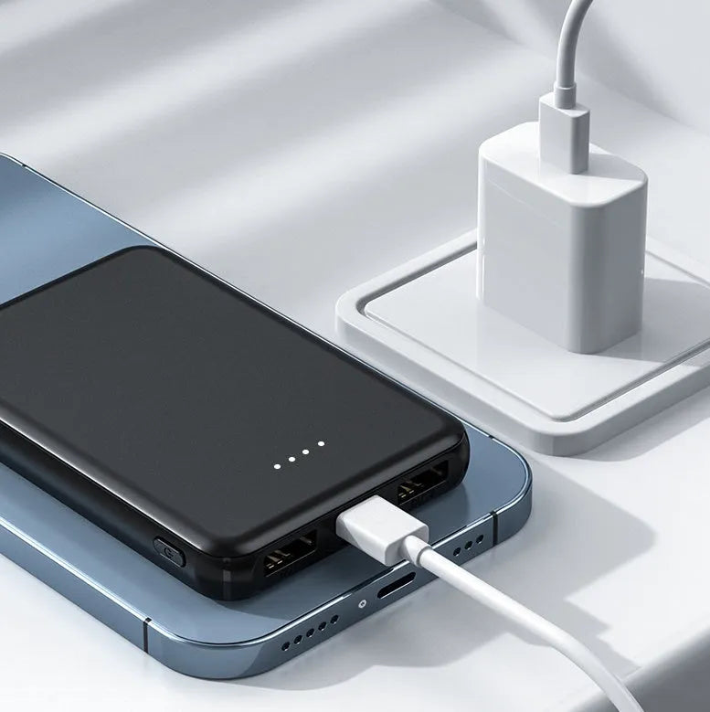 Black and white electric heating vest power bank showing compact 97mm by 64mm size.