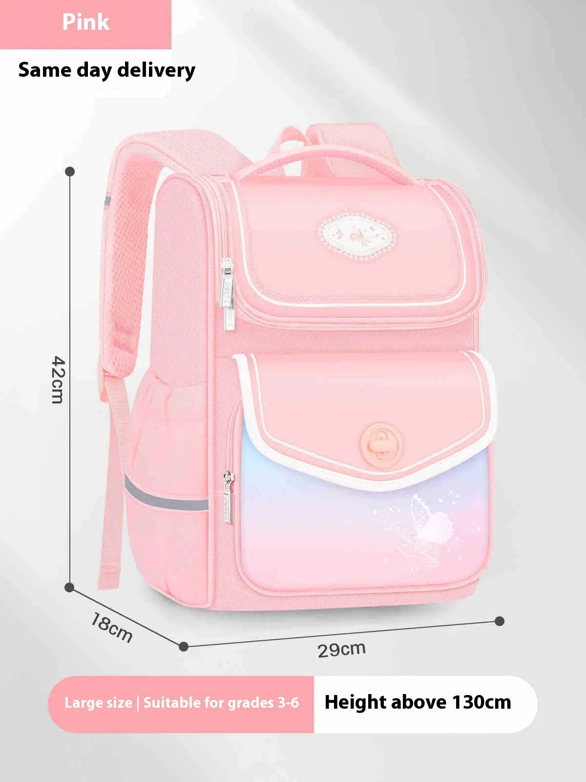 Girls waterproof schoolbag in pink, purple and green colours with large and small size options