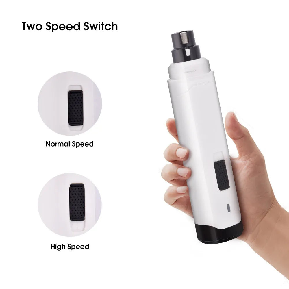 Blue pet nail polisher with USB cable on white background, compact size 17x10x4.2cm