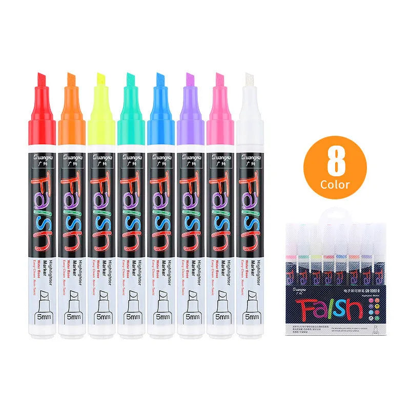 Electronic fluorescent plate highlighter pen with 6mm oblique tip shown in 8-colour set for writing on presentation boards