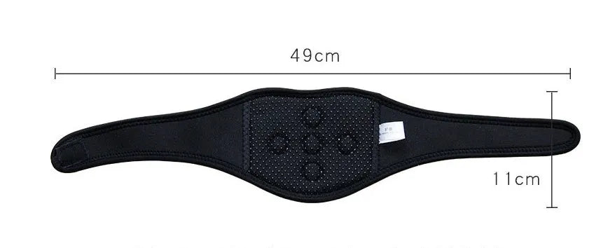 Black self-heating magnetic neck guard with an adjustable shoulder strap for neck support.