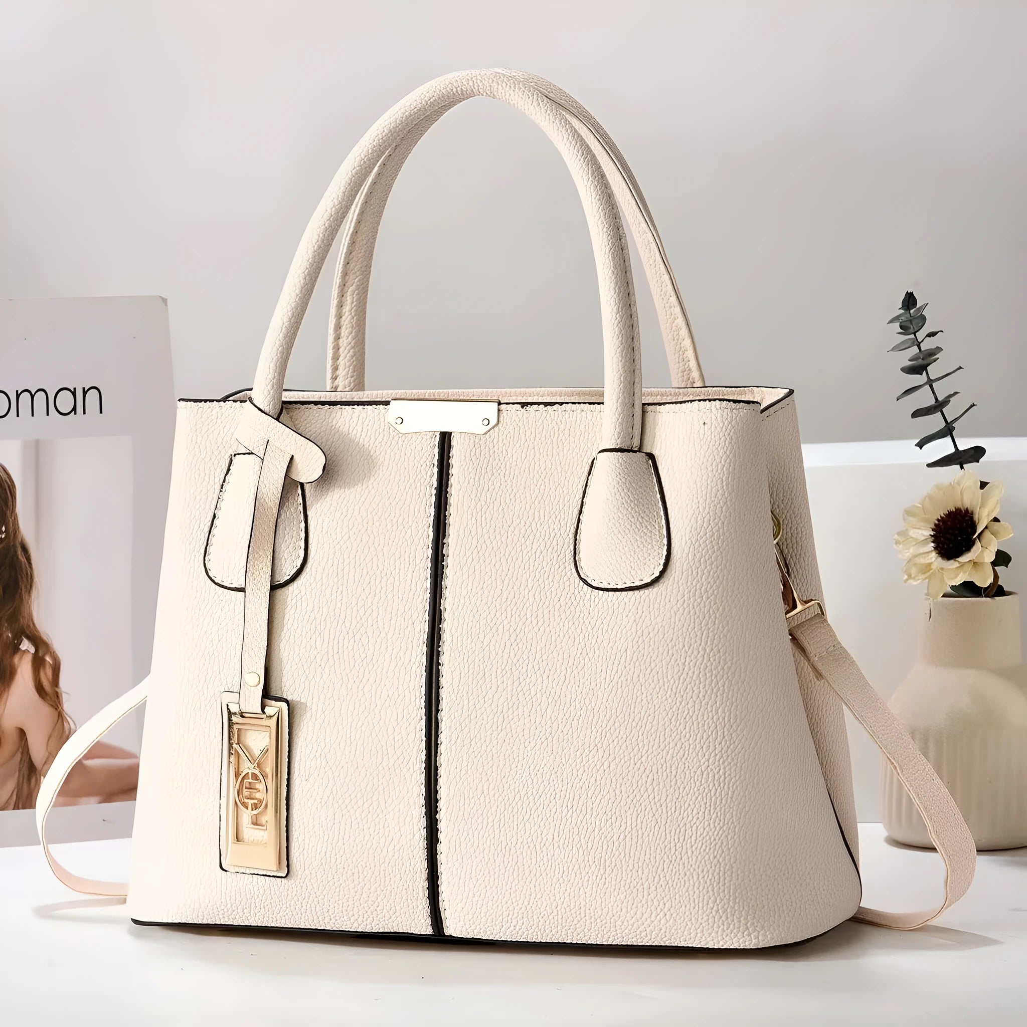Women's large capacity square shoulder bag in soft PU leather with leather strap