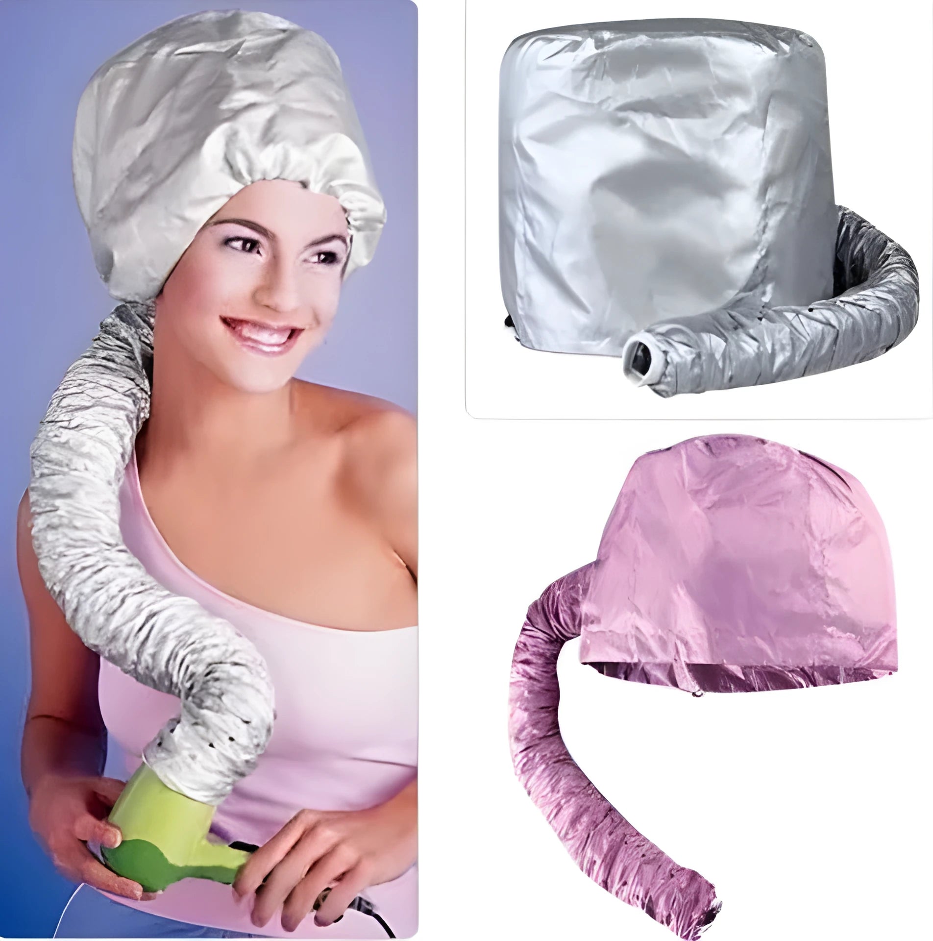 Pink and silver hair dryer bonnet hood with drawstring and elastic tube end for universal fit