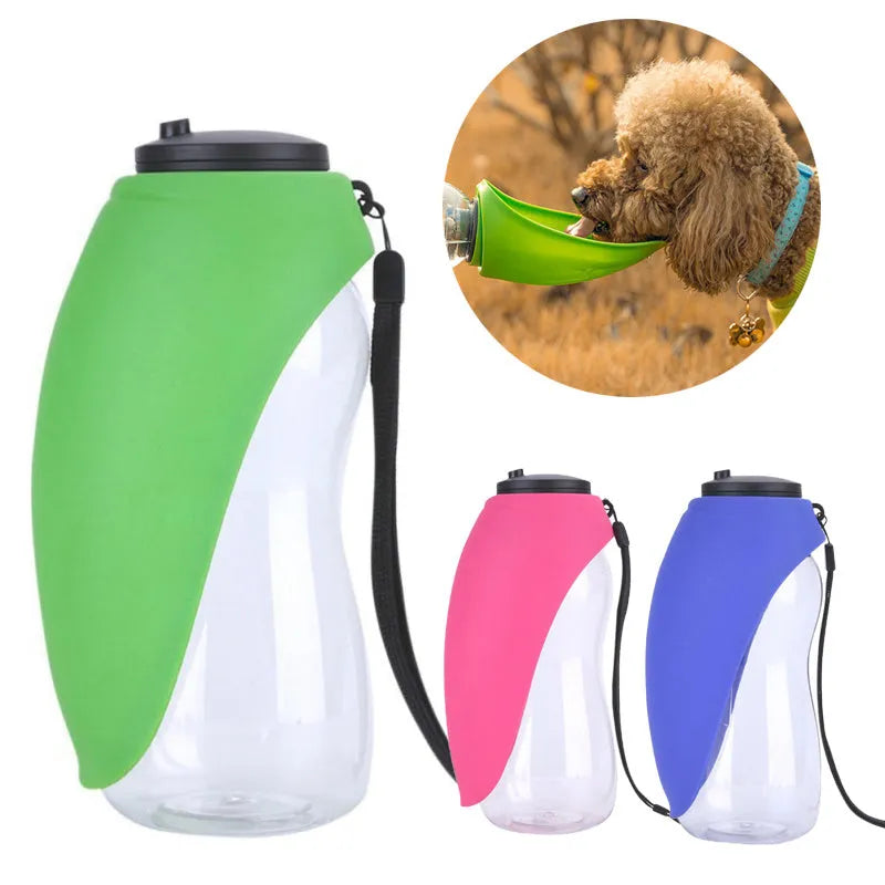 Blue portable pet water bottle with drinking bowl showing water lock mechanism and hanging attachment