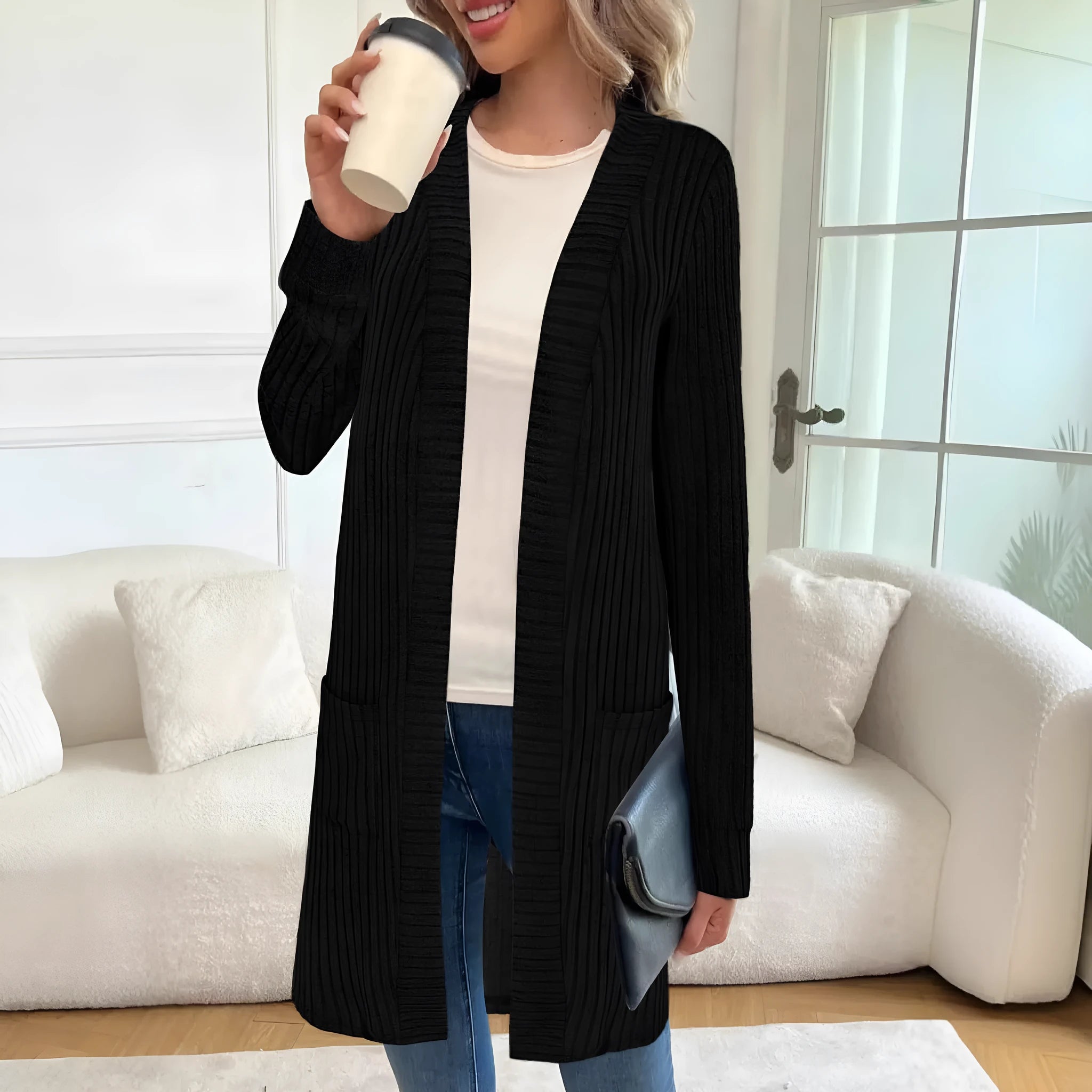 Long sleeve loose pocket cardigan jacket in polyester, shown in black, wine red, or grey.