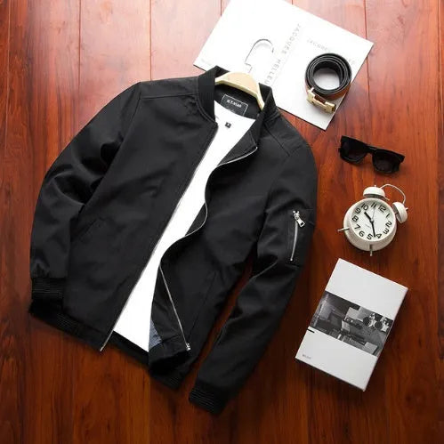 Men's slim-fit casual baseball jacket with zippered side pockets in solid colour options