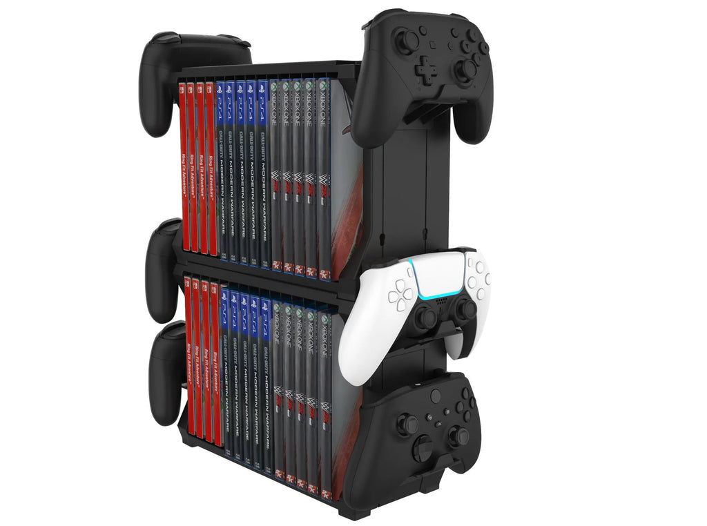 Black ABS PS5 and Xbox Series X game disc holder with controller storage compartment