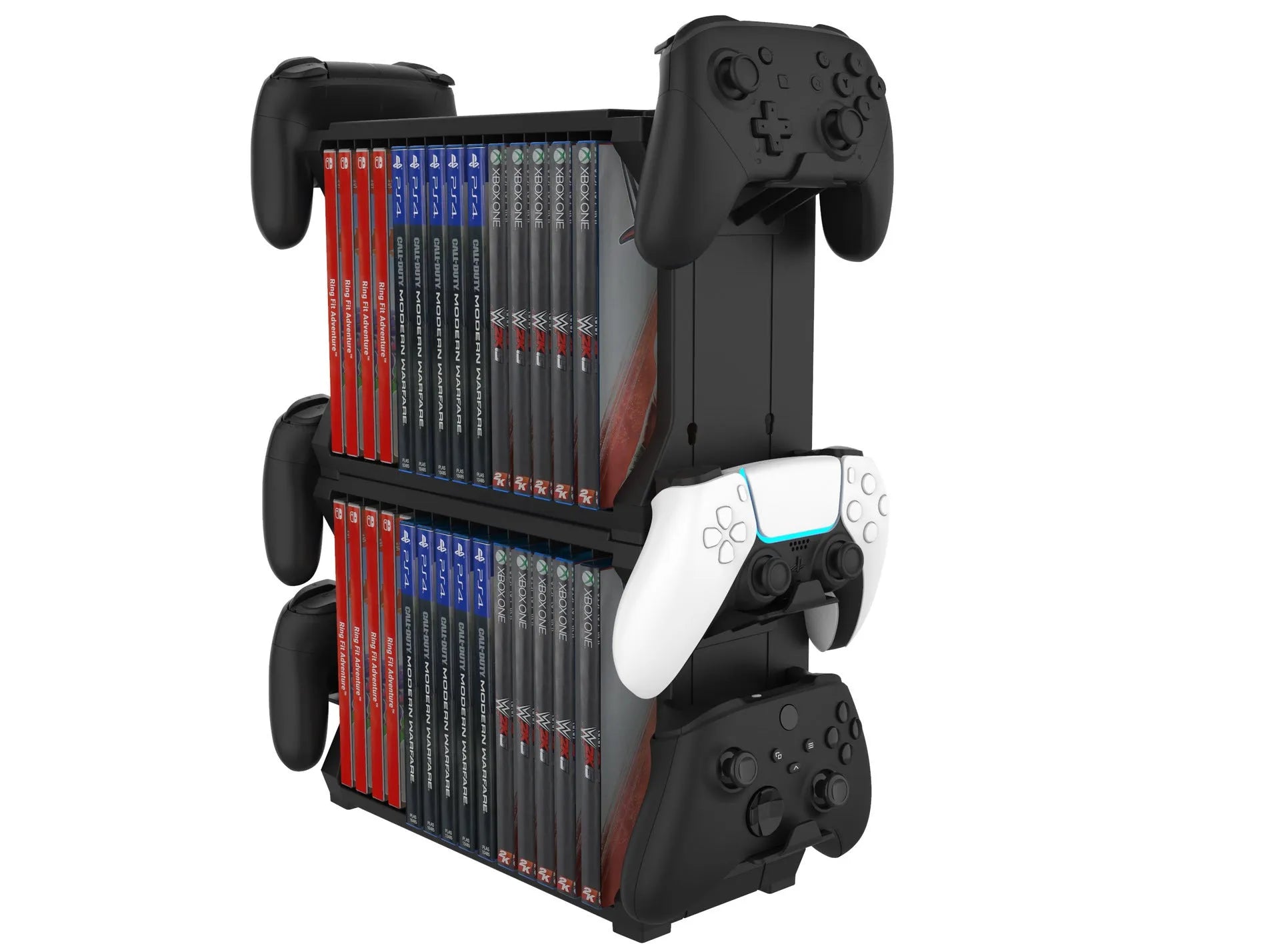 Black ABS PS5 and Xbox Series X game disc holder with controller storage compartment