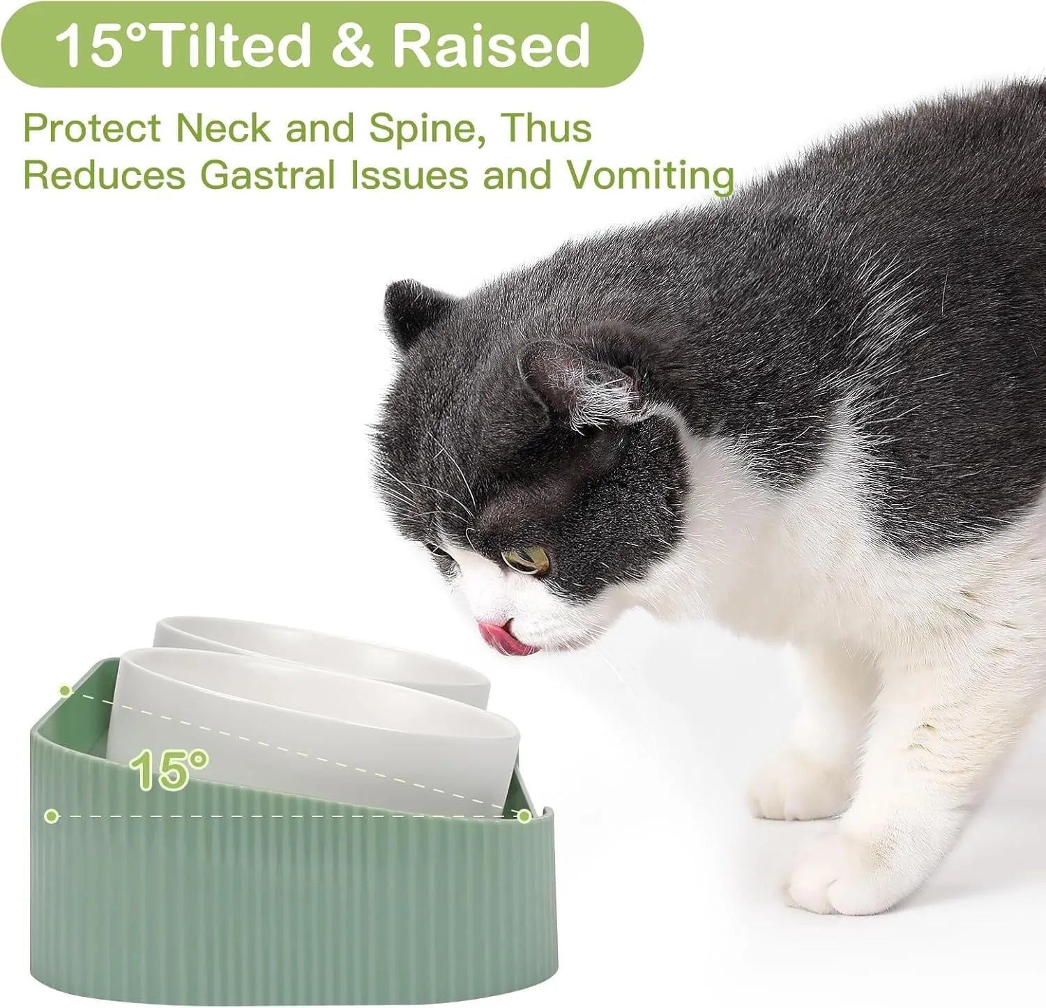 Green ceramic raised cat food and water bowls set with tilted stand on a kitchen floor.