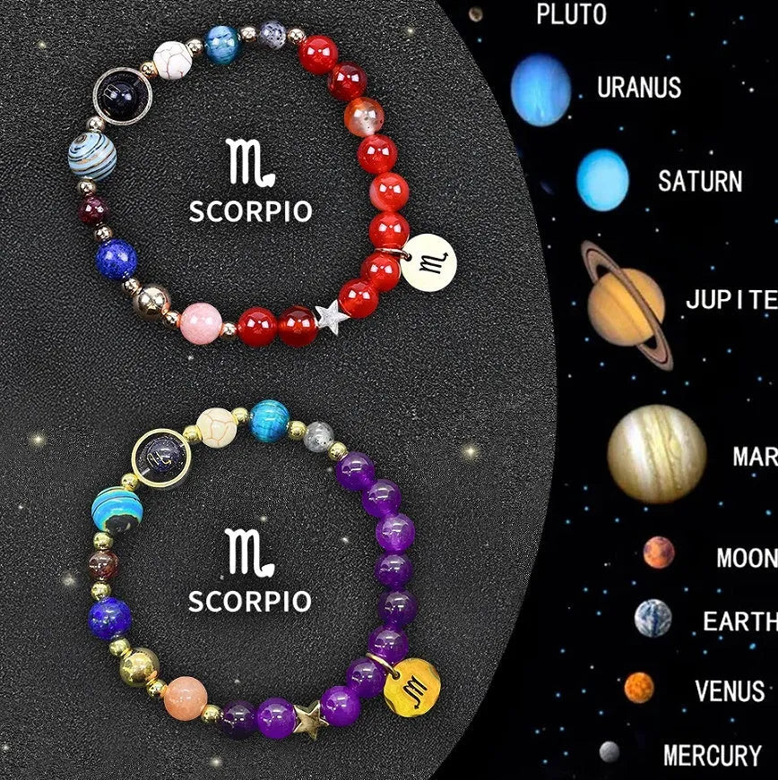 Set of two natural stone beaded bracelets on a wrist, each with different beads representing zodiac signs.